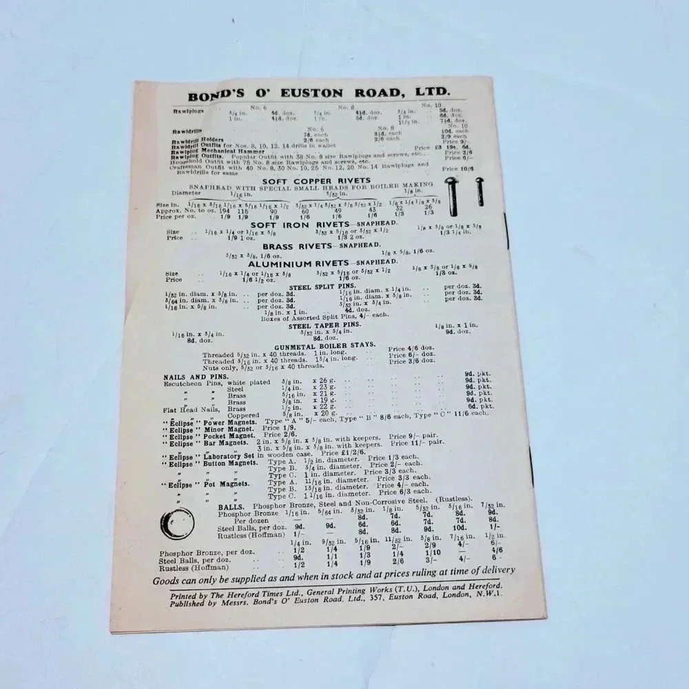 1959 Bond's Light Engineering Handbook & Price List Euston Road London England